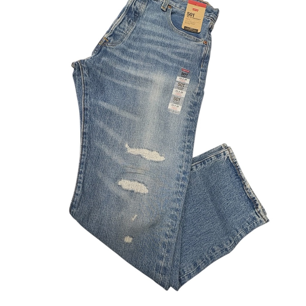 Levi's 501 33X30 Light Blue Distressed Straight Leg Jeans
